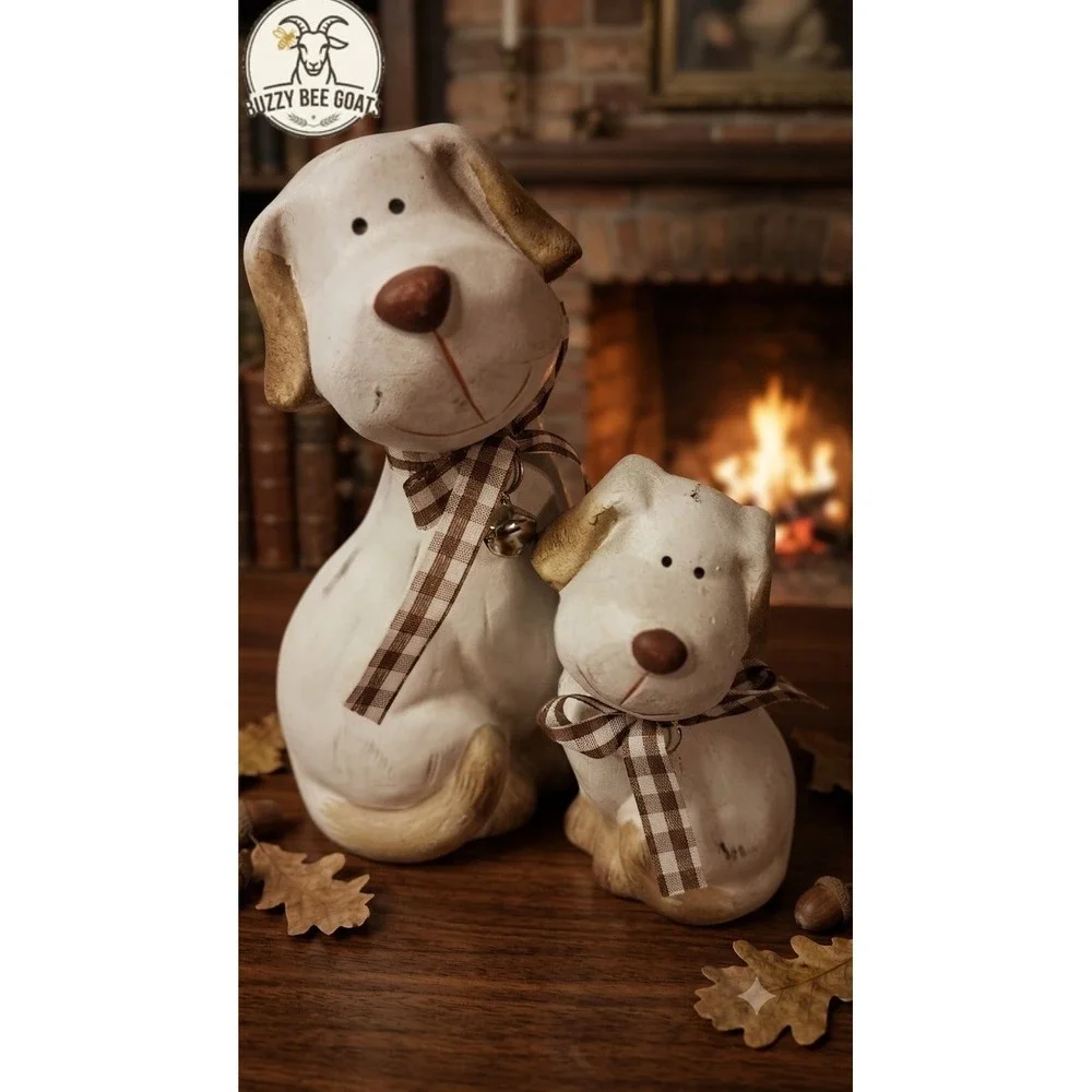 Ceramic Dog Figurine Set Decorative Home Decor Parent and Child Dogs with Ribbon